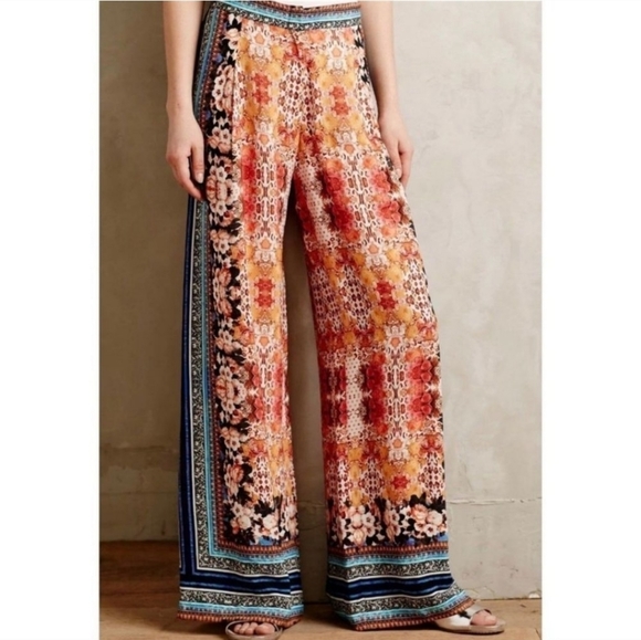 Ranna Gill Pants - Anthropologie Ranna Gill Airy Samaire Wide-Legs Pants Size 14 Blue Motif  EUC